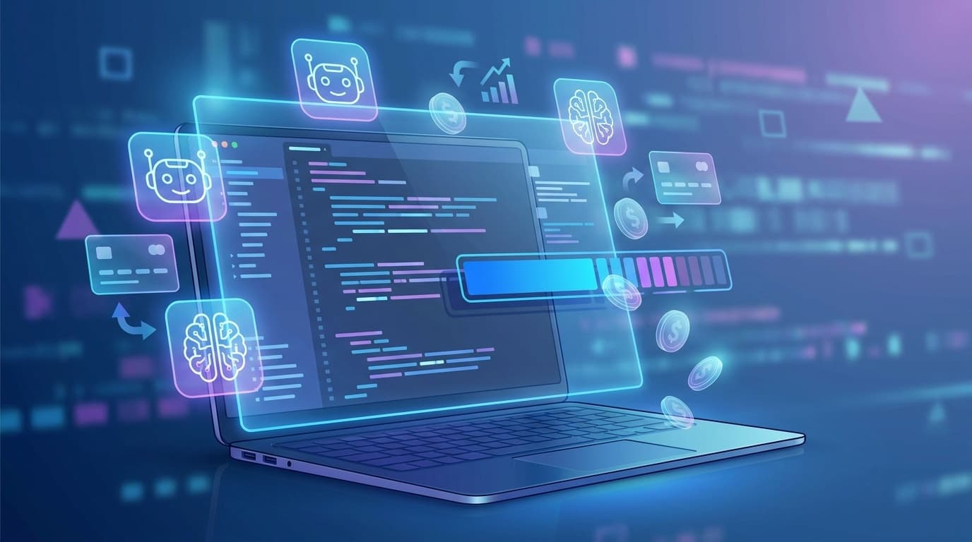 GitHub Copilotの従量課金移行を示すコードエディタとAIクレジットのイラスト