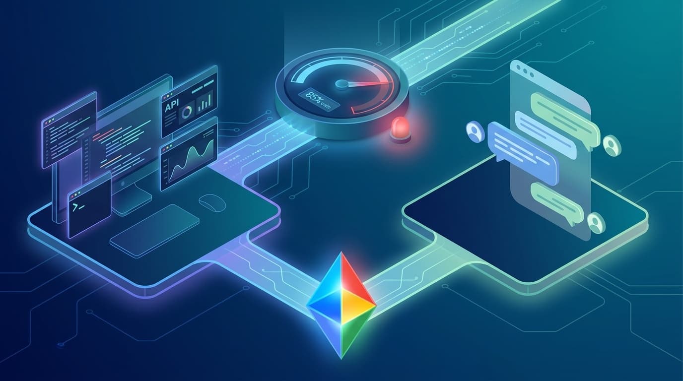 Google AI StudioとGeminiアプリの違いを示す概念イラスト——開発者向けAPI検証ツールとチャットアプリの2つの道が分岐する