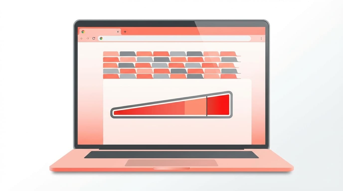 Google Chromeのタブが多数開かれたノートPCとメモリ使用量メーターのイラスト