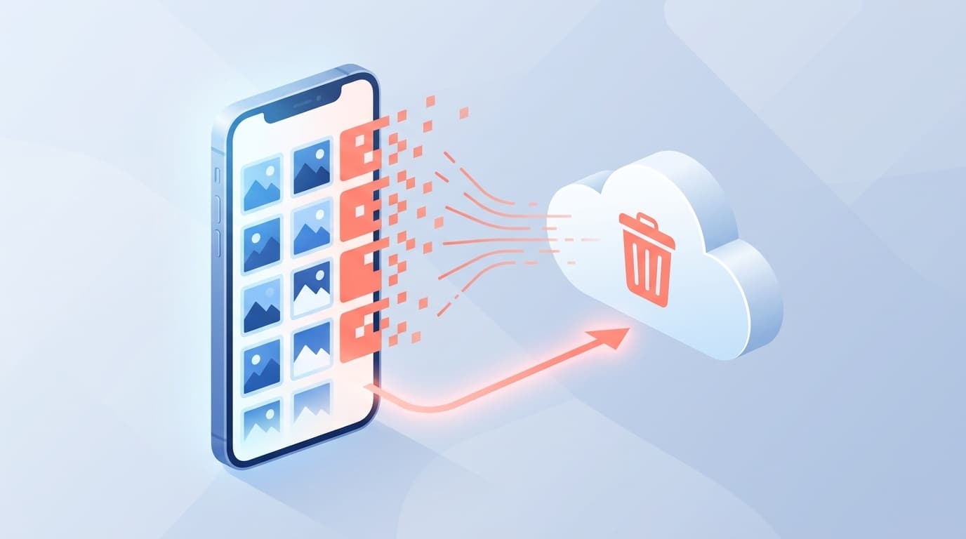 Googleフォトの削除とiPhone写真の同期の仕組みを示すイラスト