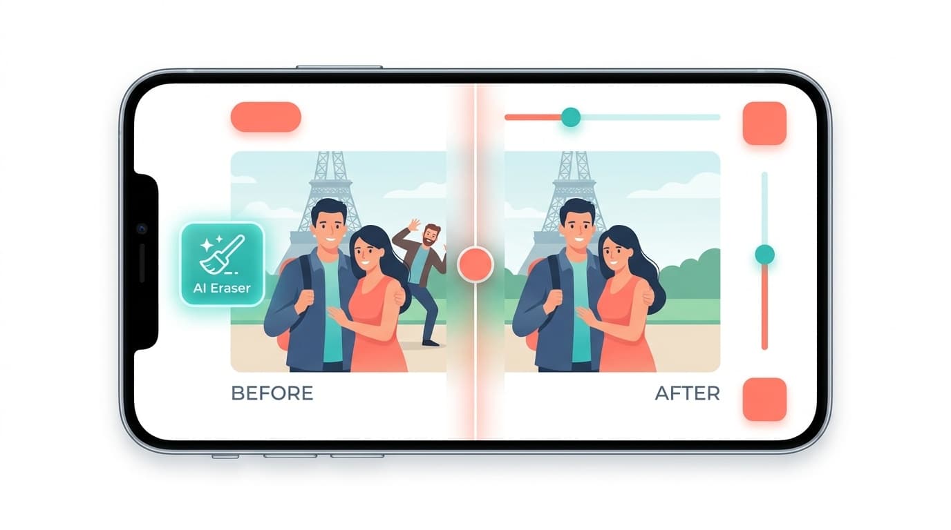 スマホの画面でAI消しゴムツールを使って写真から不要な人物を消している様子のイラスト
