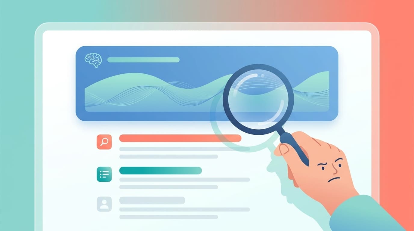 Google検索のAI概要を虫眼鏡で確認しているイラスト