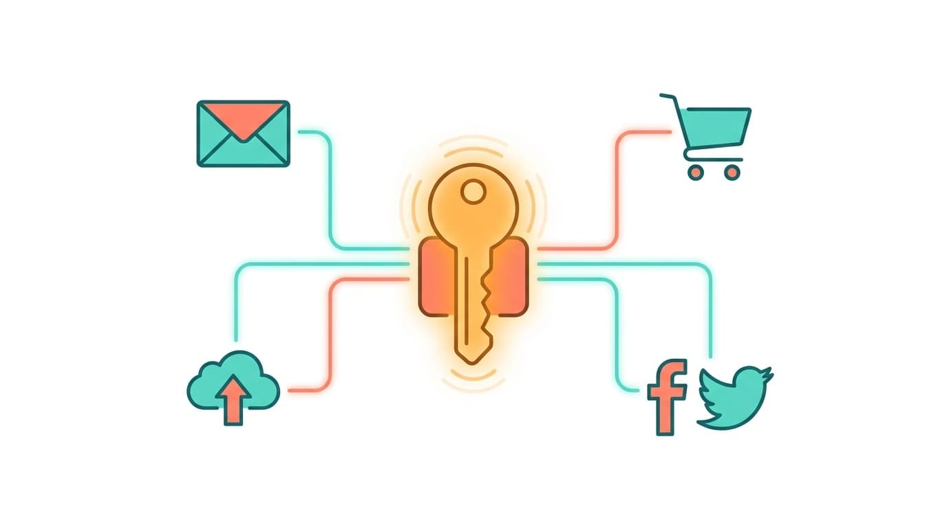 複数のWebサービスアイコンが1つの鍵に集中接続されているフラットイラスト。ソーシャルログインの単一障害点リスクを表現