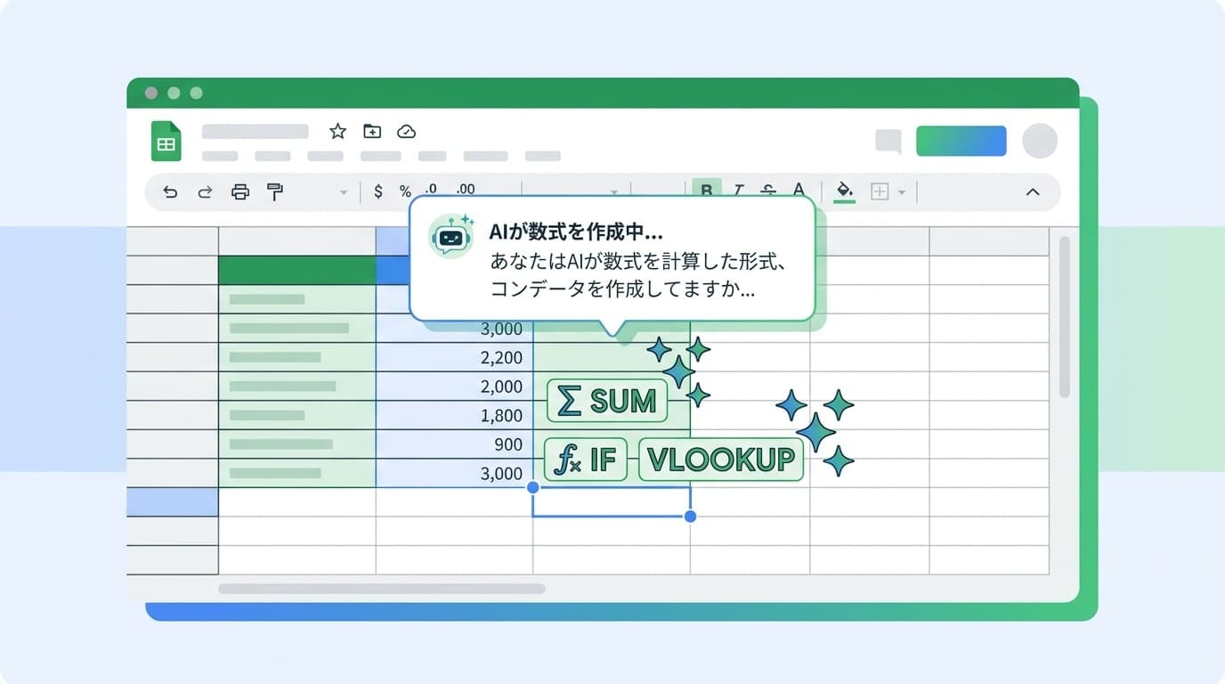 GoogleスプレッドシートでGemini AIが数式を自動作成するイメージイラスト