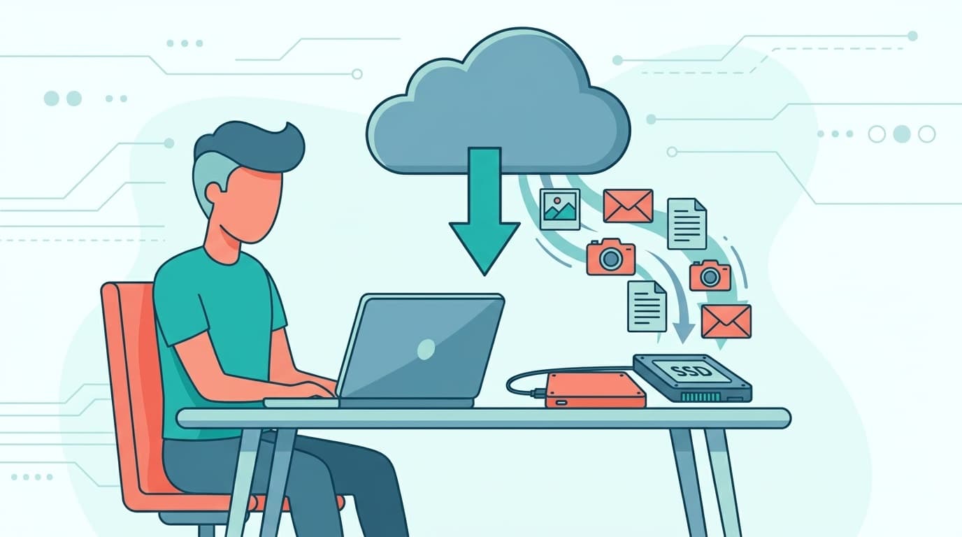 クラウドからデータをダウンロードする人のイラスト - Google Takeoutでのデータバックアップのイメージ