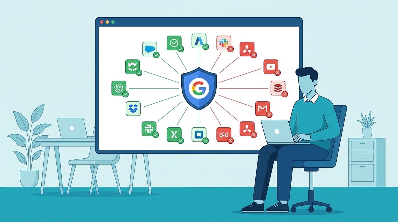 Google Workspace管理コンソールでOAuth連携アプリを監査するIT管理者のイラスト