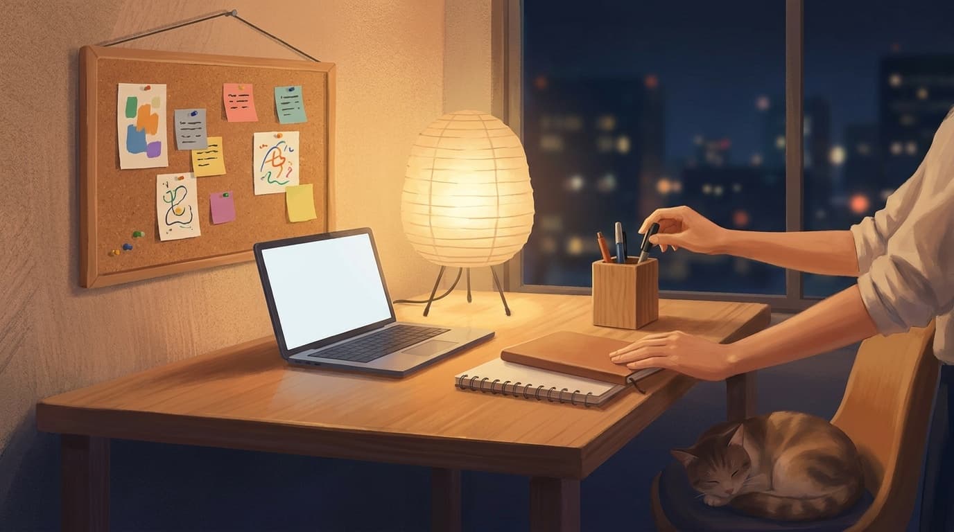 GW連休明けの在宅勤務復帰ルーティン:夜のデスクリセットとホワイトボードのイメージ