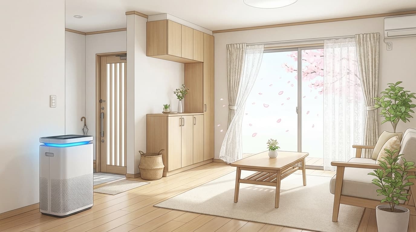 春の明るいリビングで空気清浄機が稼働している様子。レースカーテン越しに桜の花びらが見える