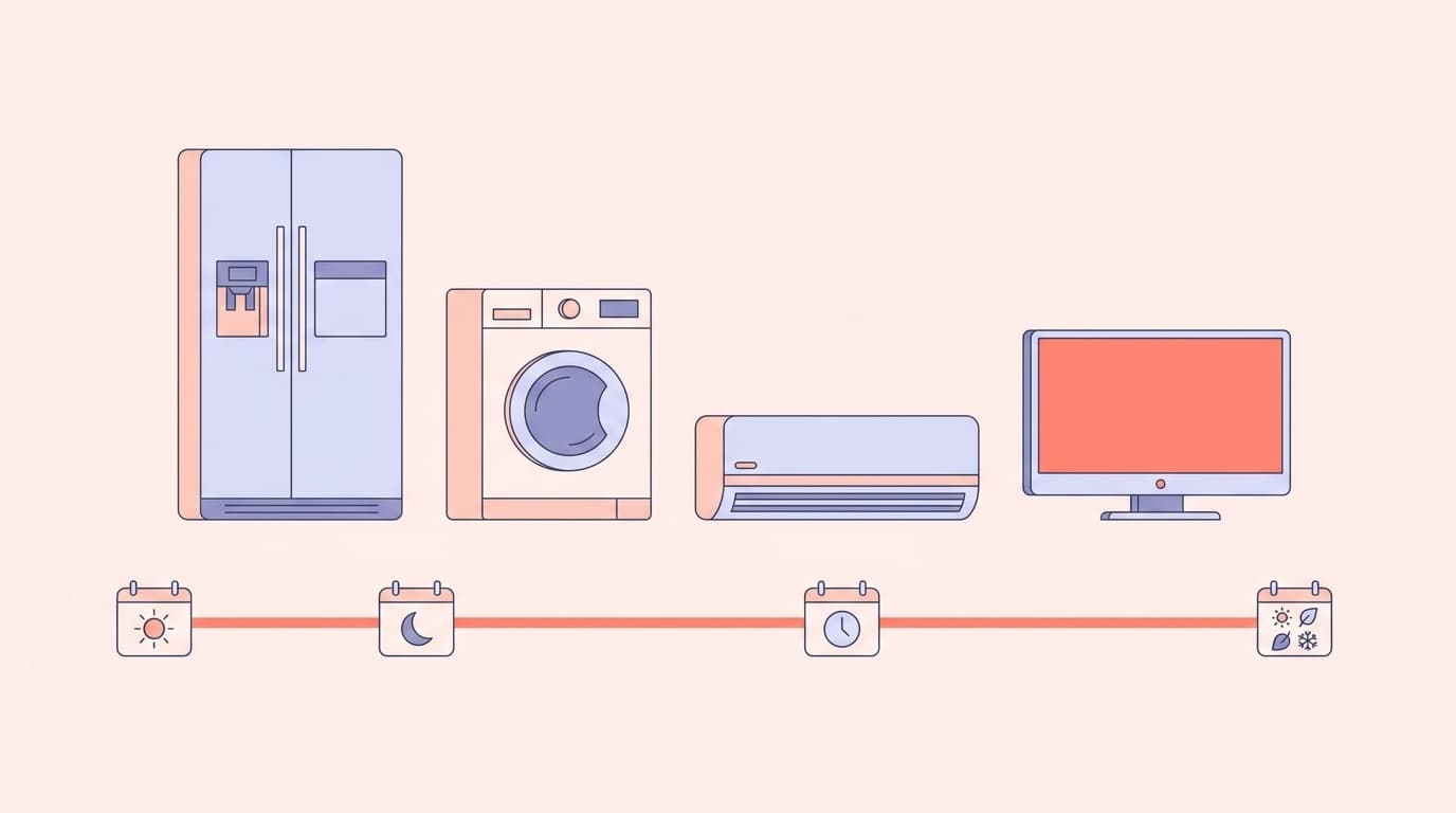 冷蔵庫・洗濯機・エアコン・テレビなど主要家電の寿命と買い替えタイミングのイメージイラスト