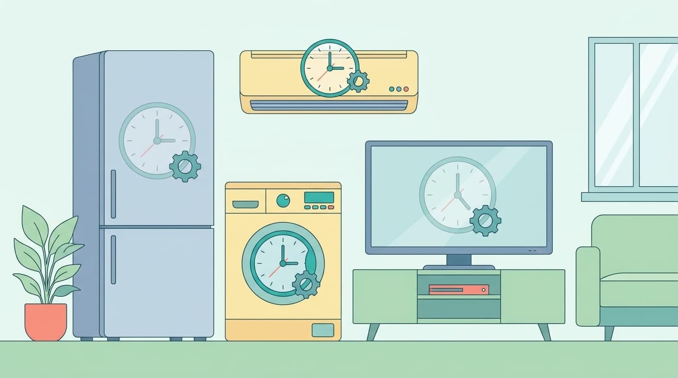 家電の寿命が重なるイメージ — 冷蔵庫・洗濯機・エアコン・テレビに時計のアイコンが重なるイラスト