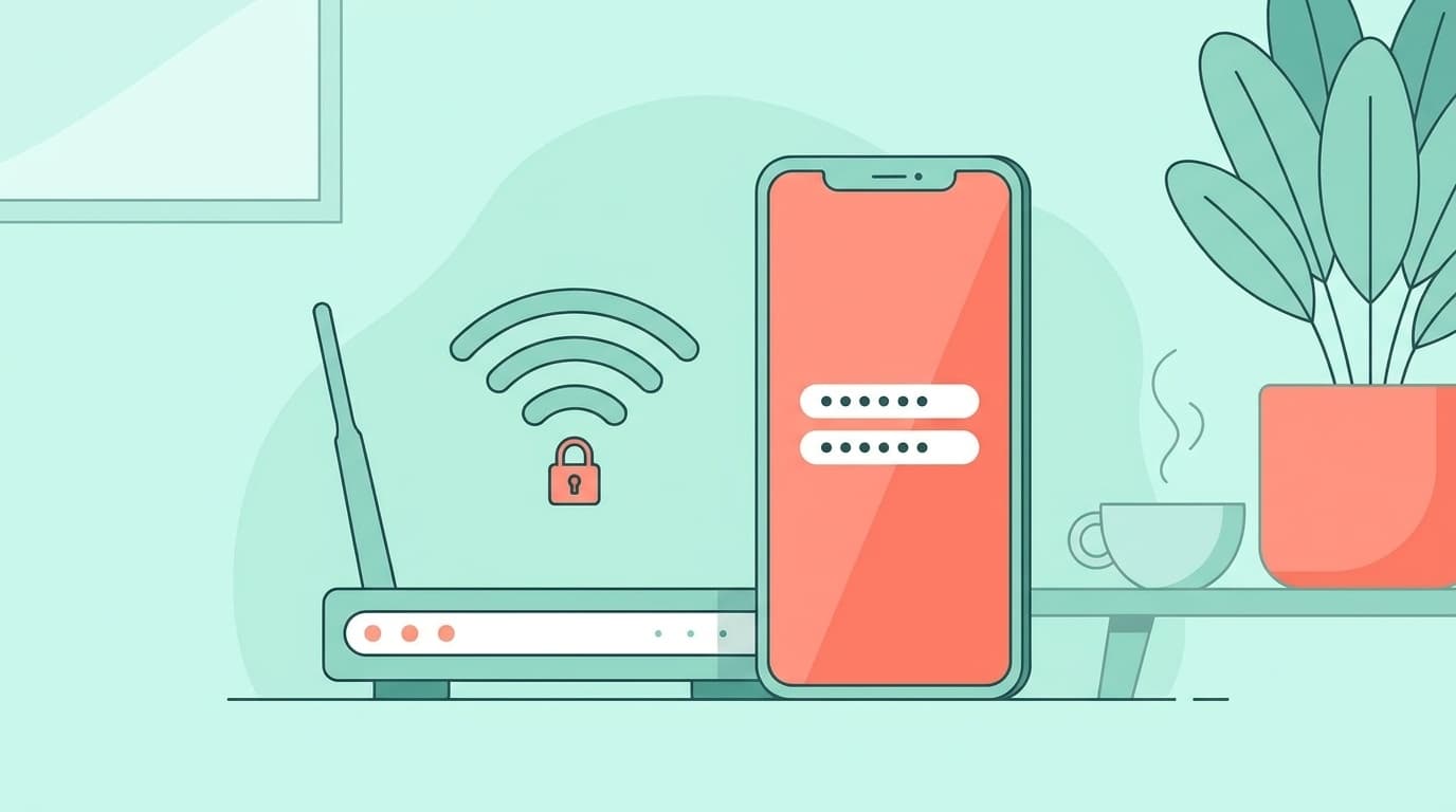 自宅のWi-Fiルーターとスマートフォンのパスワード確認画面のイラスト