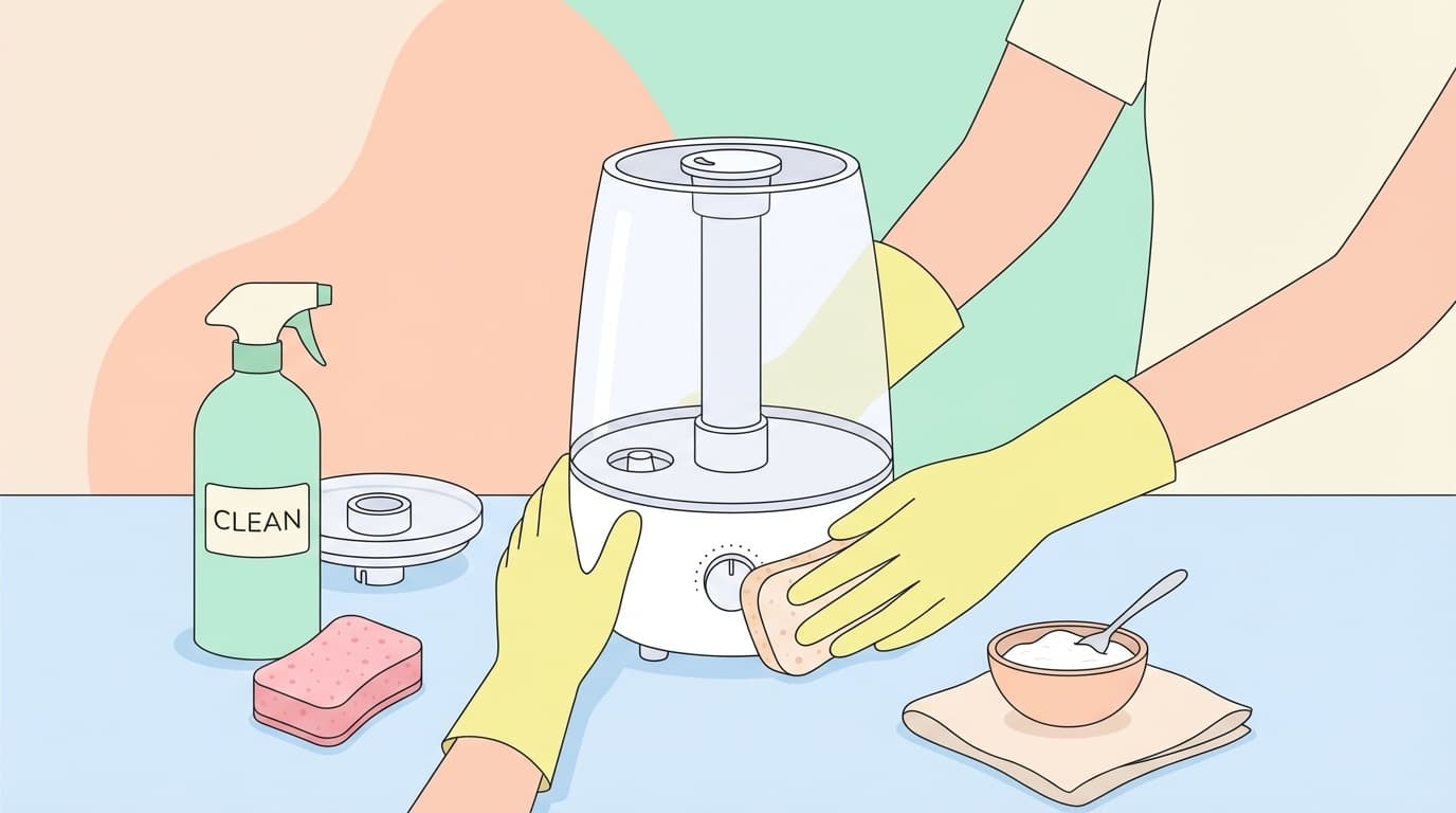 加湿器をしまう前の掃除方法 クエン酸と重曹でカビ・ピンク汚れを落とすイメージ