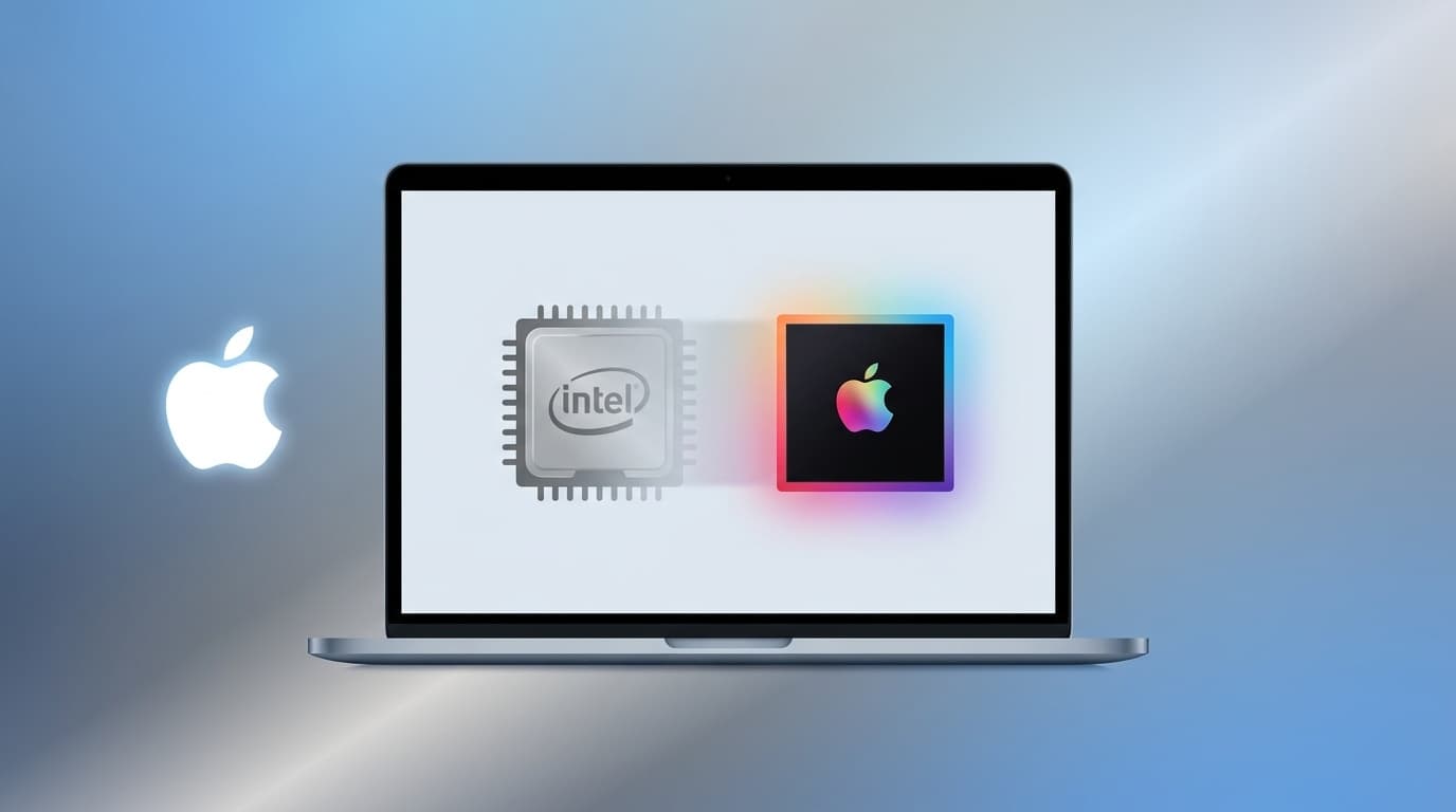 Intel MacからApple Siliconへの移行を表すMacBookとチップのイラスト