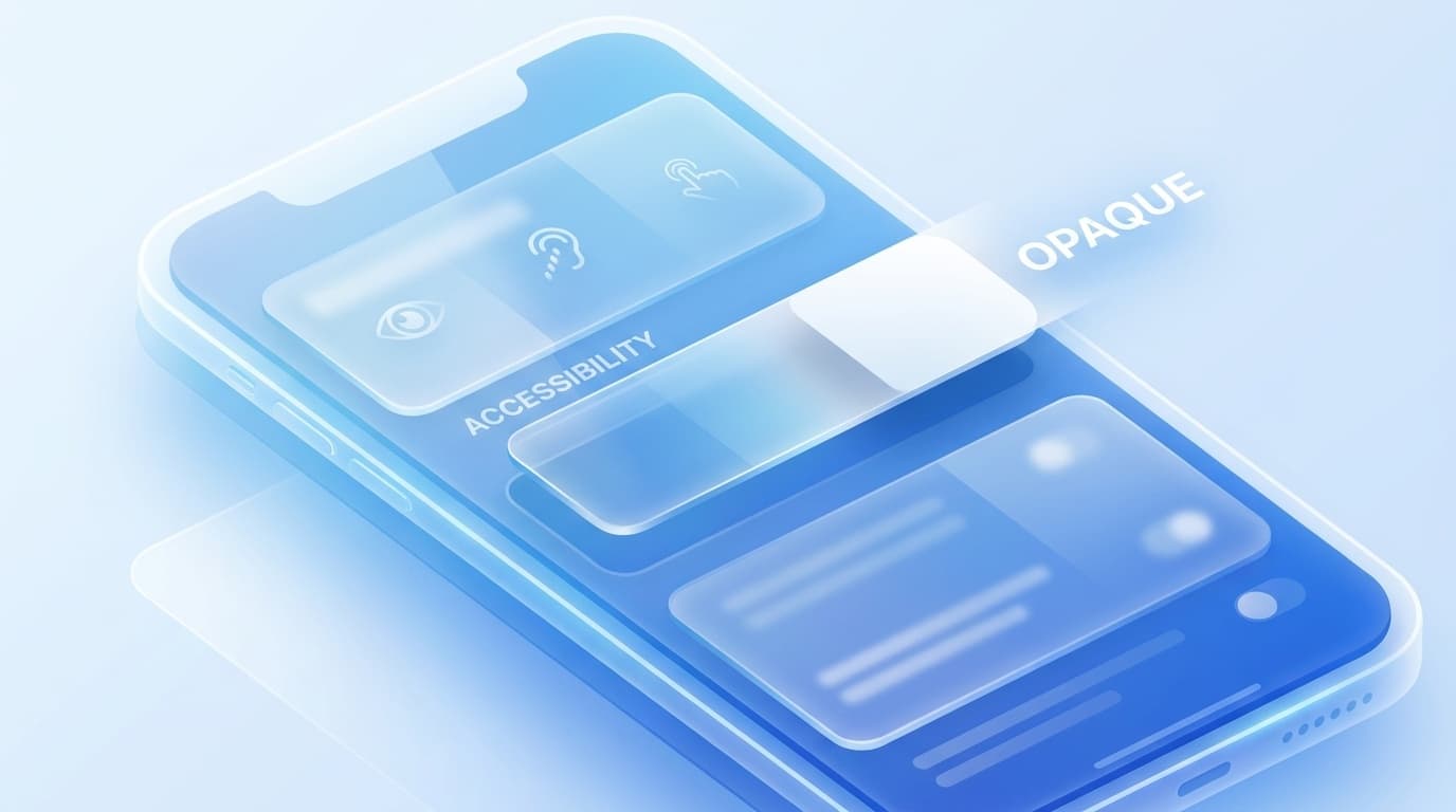 iOS 26のLiquid Glassデザインが見づらいときに透明度を下げる設定を調整するイメージ