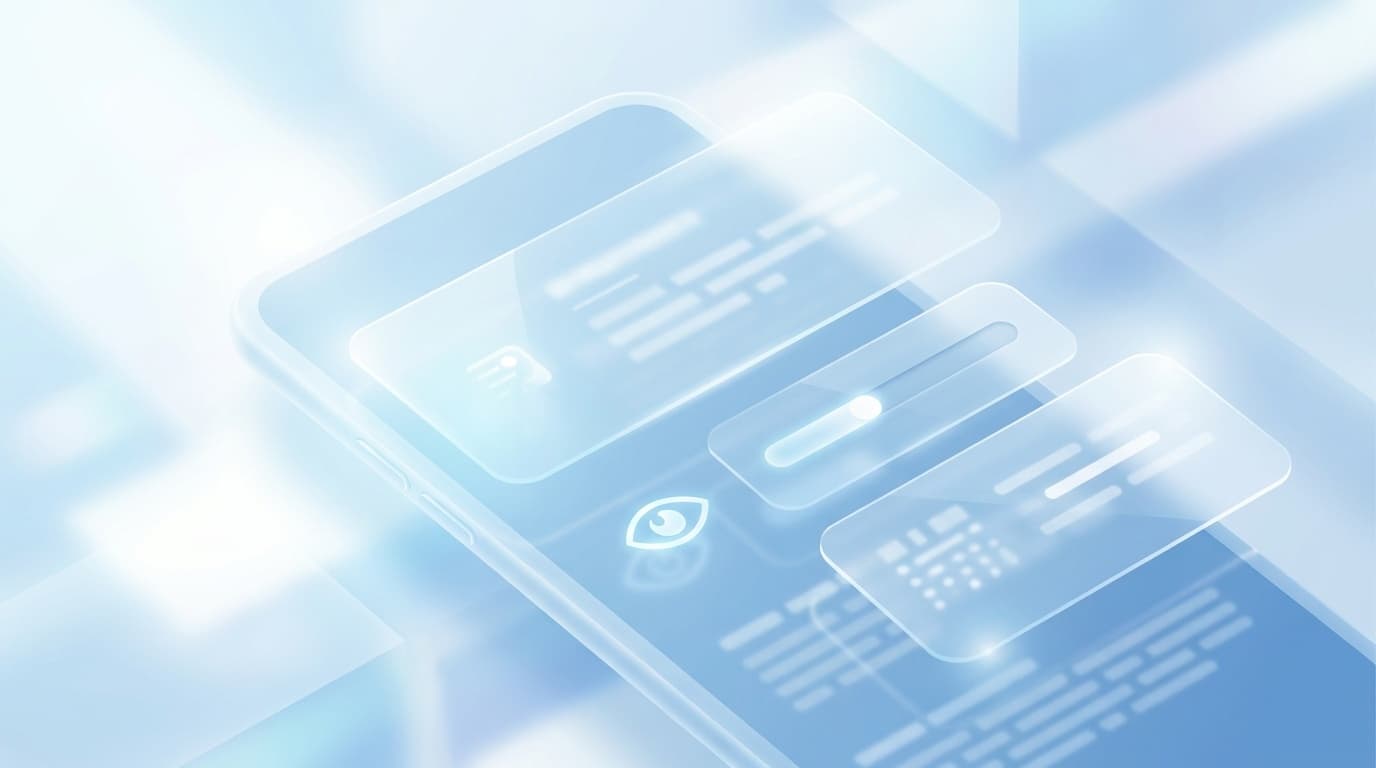 iOS 26のLiquid Glassデザインで透明になったスマートフォン画面のイメージ