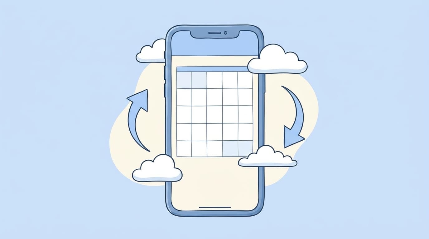 iPhoneのカレンダーアプリが空っぽになり、iCloudの同期アイコンが浮かぶイラスト