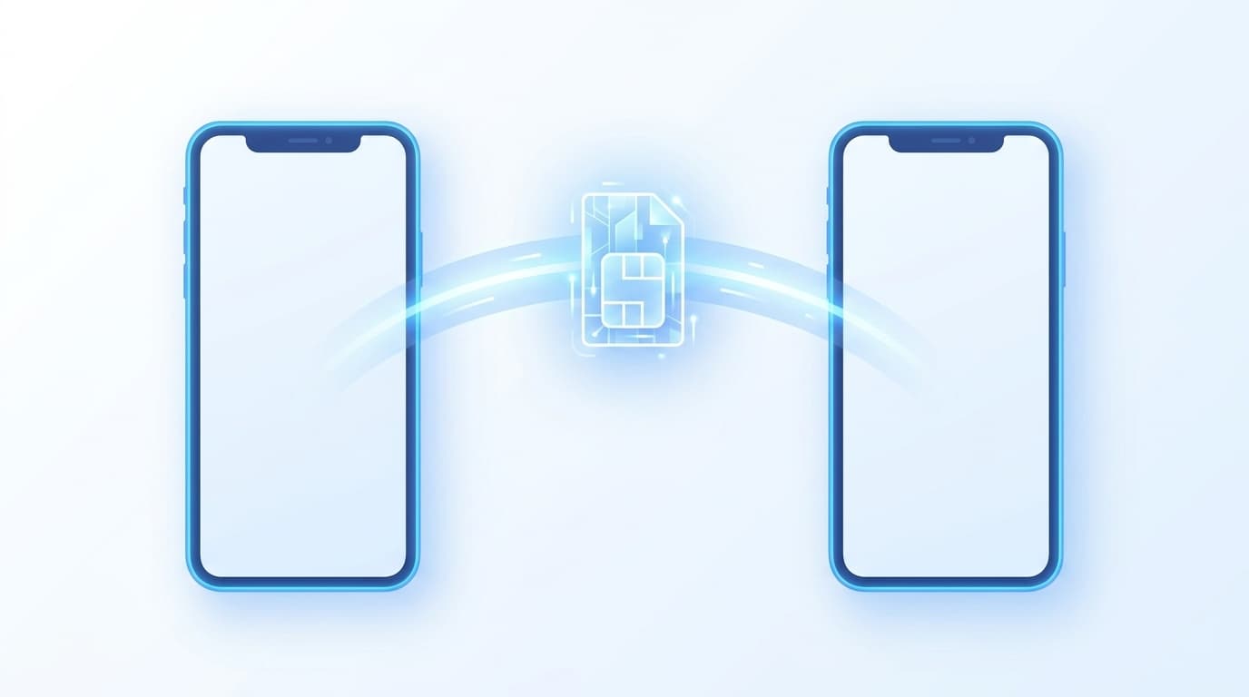 iPhoneのeSIMクイック転送のイメージ——2台のスマートフォンの間でデジタルSIMカードが転送される様子