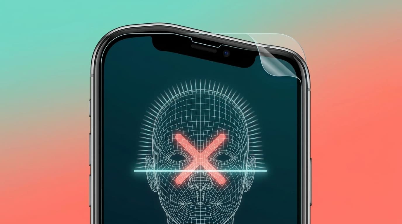 iPhoneのFace IDが認識しない状態を表すイラスト。保護フィルムのズレがTrueDepthカメラにかかっている様子