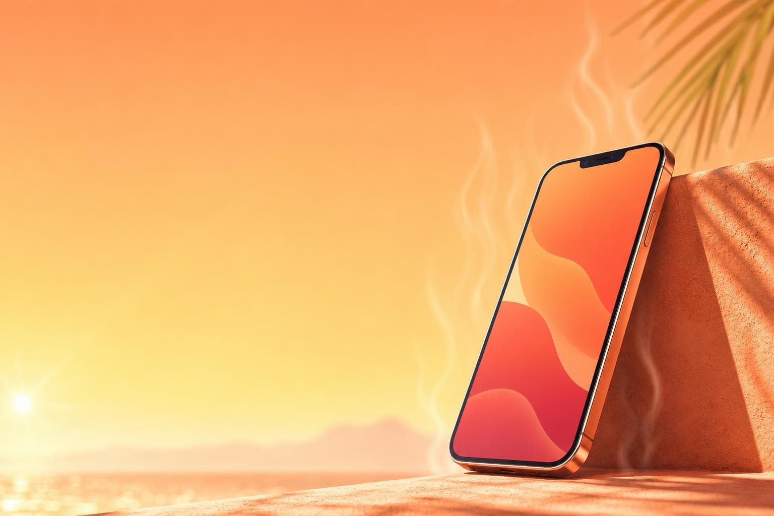 夏の炎天下でiPhoneの高温注意メッセージが表示されるイメージ