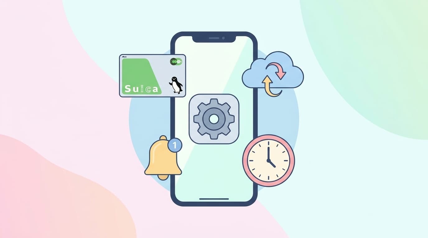 iPhoneの設定アイコンの周りにSuicaカード、通知ベル、クラウド同期、時計が浮かぶイラスト