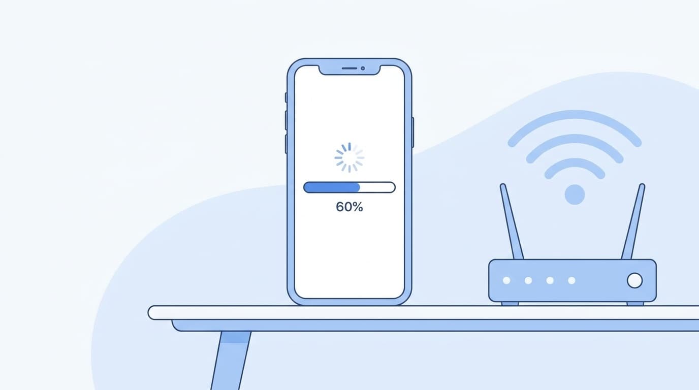 iPhoneのiOSアップデートが途中で止まって進捗バーが動かない様子のイラスト