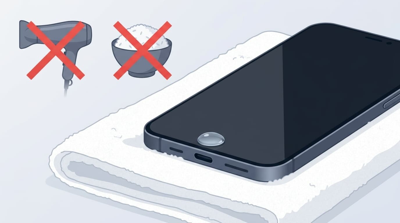 iPhoneの液体検出警告が表示された画面と正しい乾かし方のイメージ