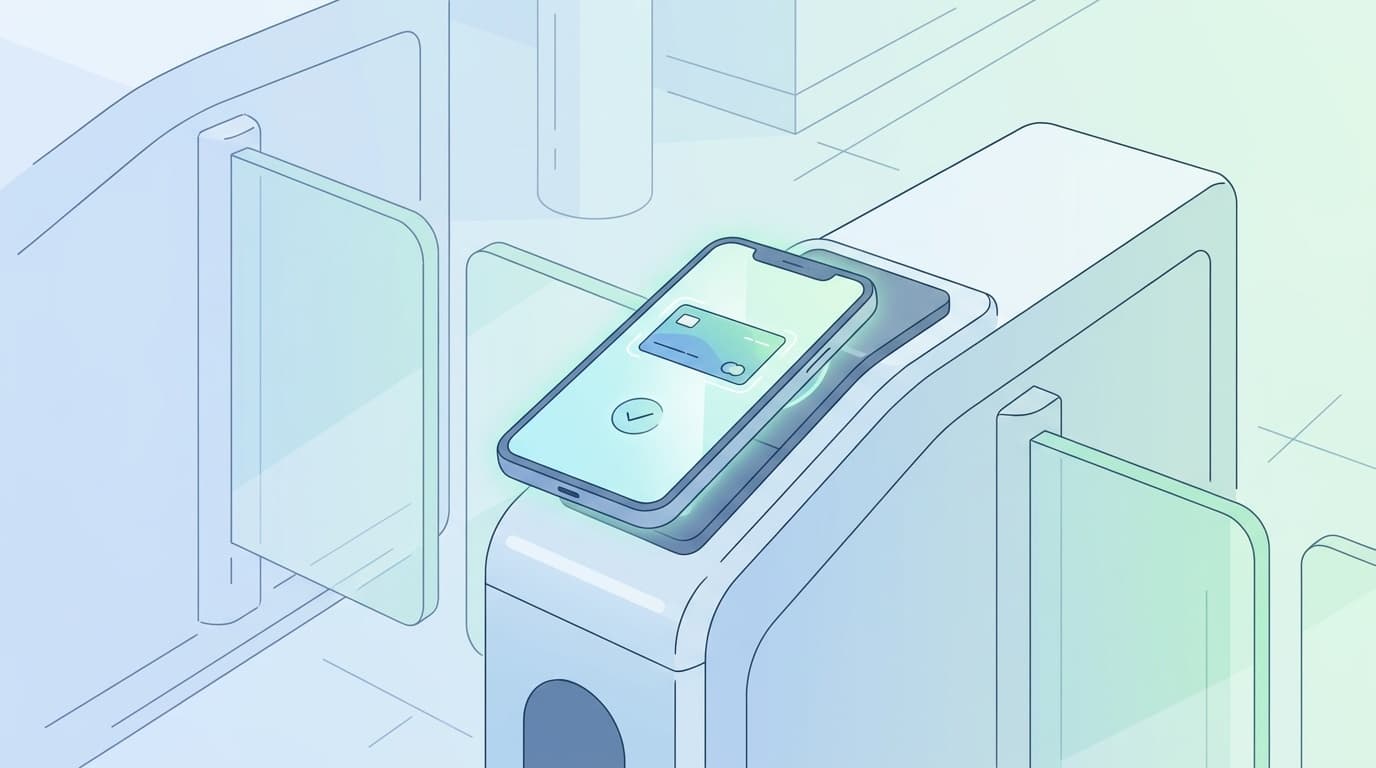 iPhoneを改札の読み取り機にタッチしている様子のイラスト
