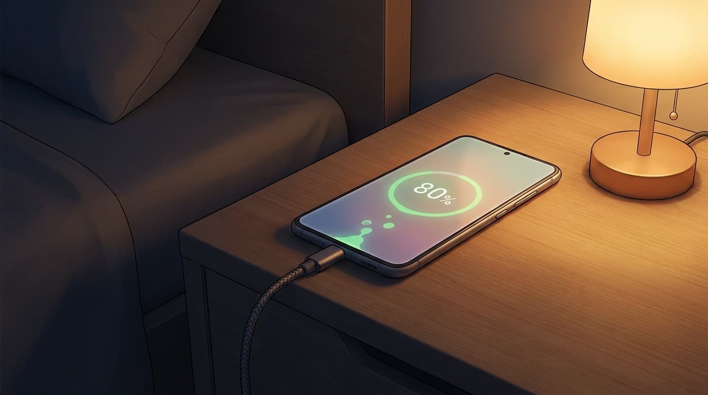ベッドサイドに置かれたiPhoneが充電ケーブルに繋がれて80%で止まっている様子