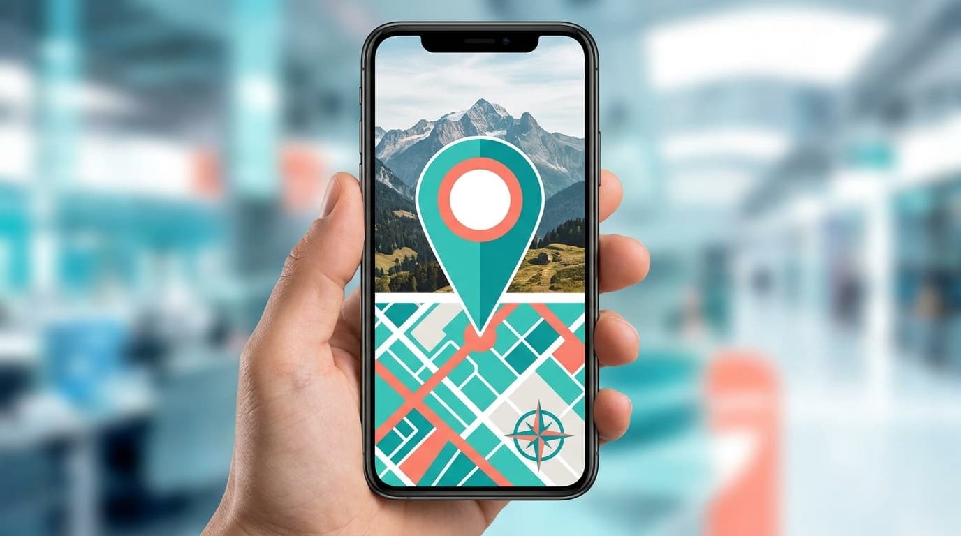 スマートフォンの写真にGPS位置情報が記録されている様子を表す概念イラスト
