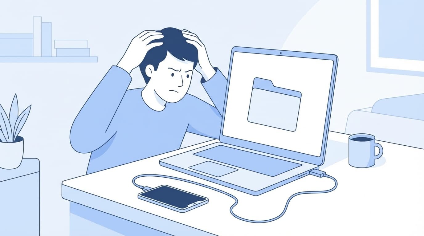 iPhoneとWindows PCをUSBで接続しても写真が取り込めないトラブルのイメージ