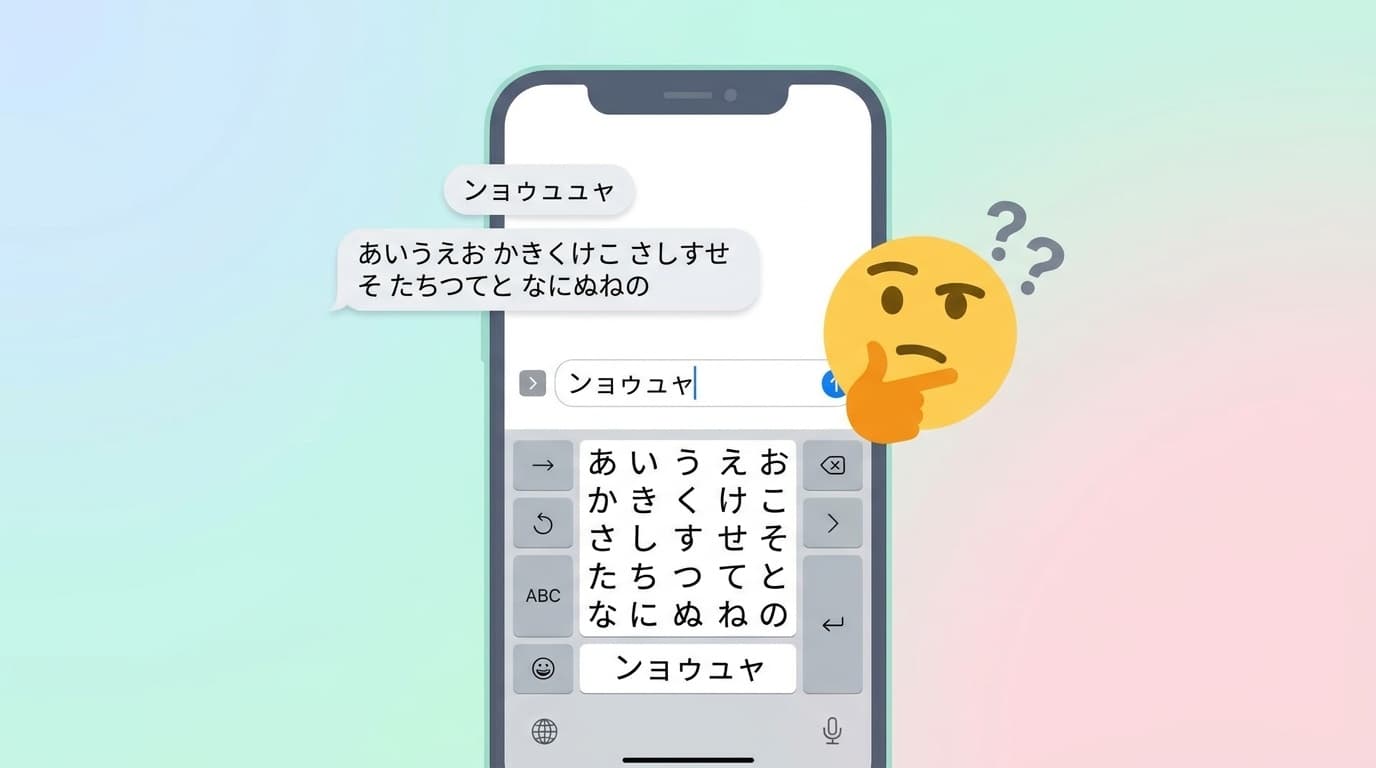 iPhoneの予測変換がおかしくなったスマホ画面と困惑する絵文字のイラスト