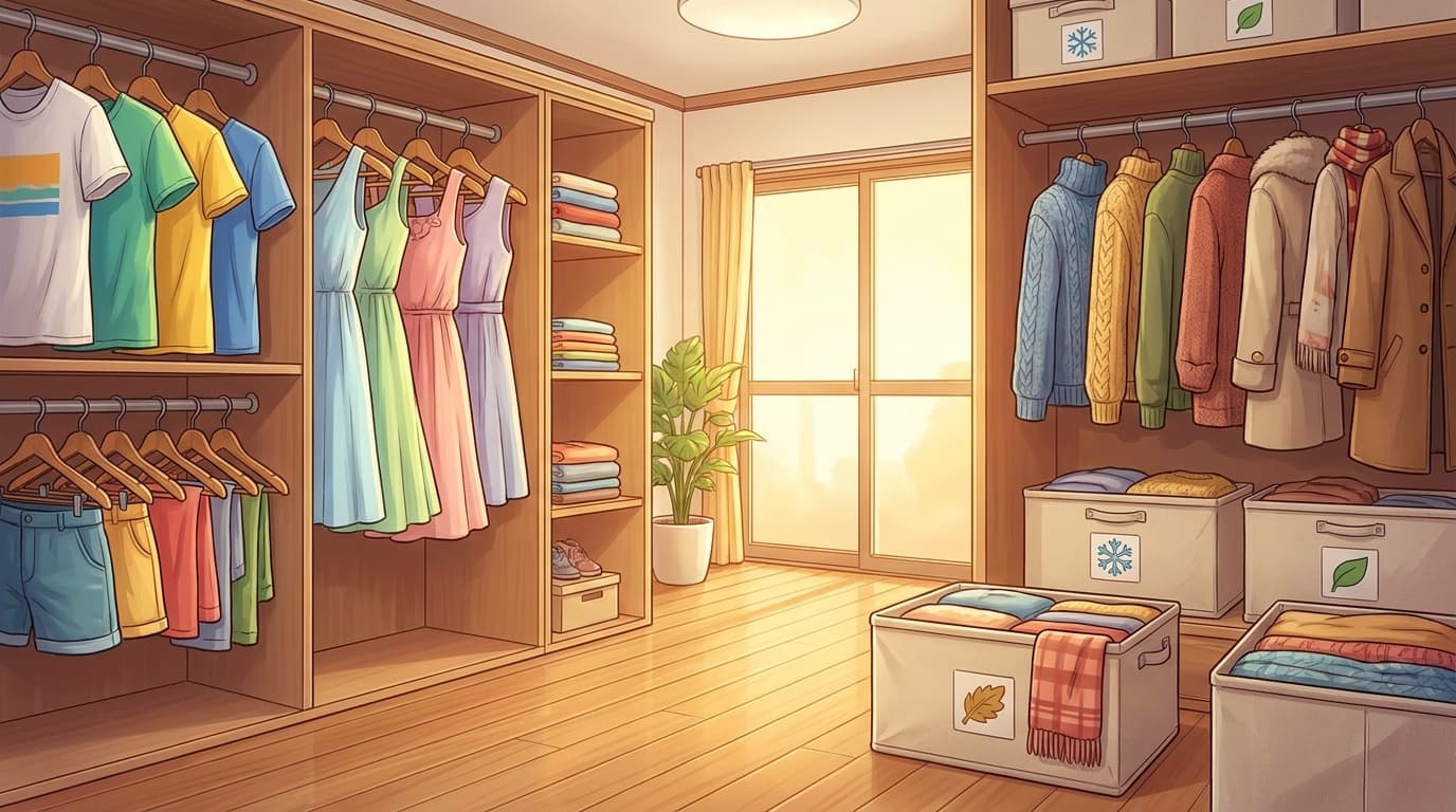 衣替えで整理されたクローゼット。夏物と冬物の収納ケースが並ぶ明るい部屋のイラスト