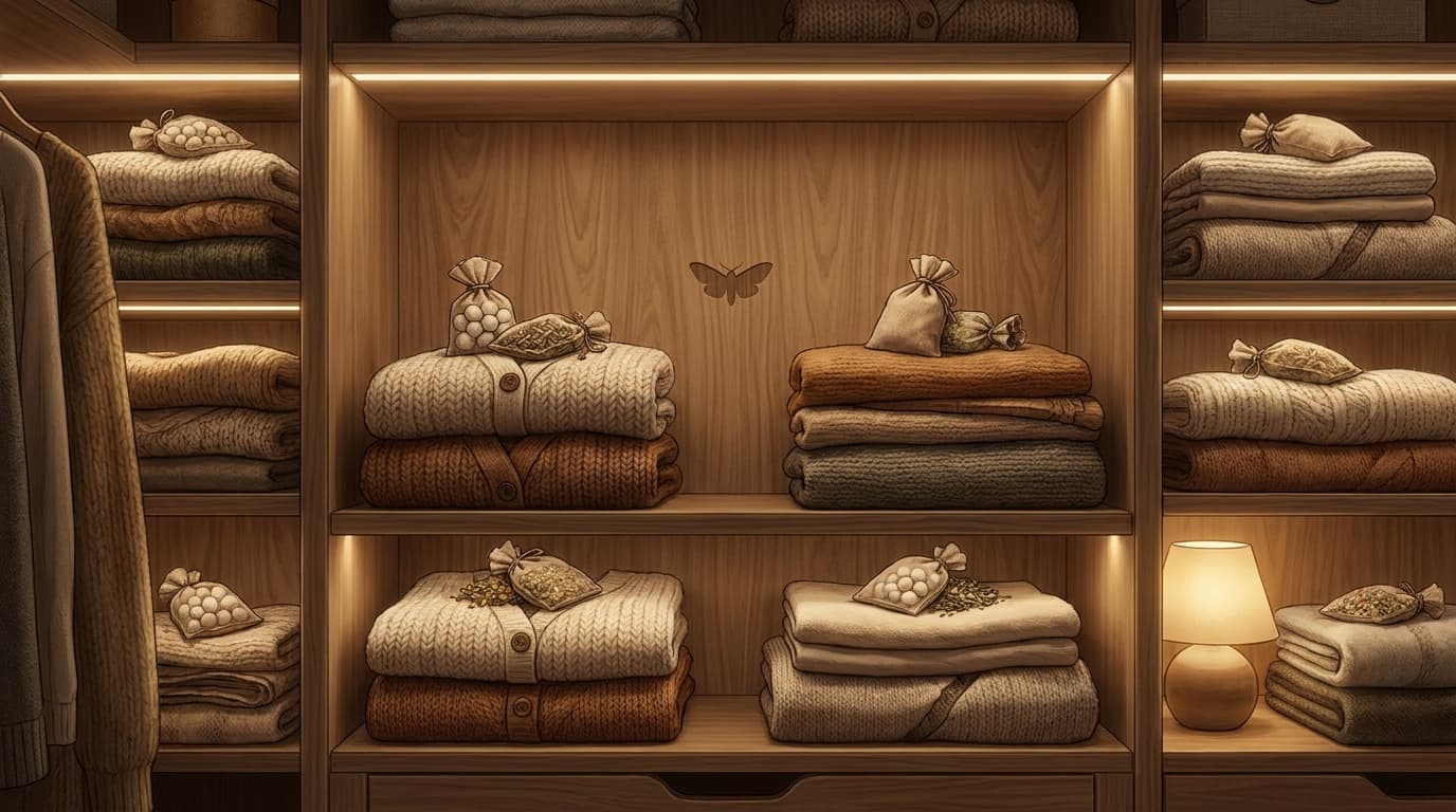 衣装ケースに畳んで収納された冬物衣類と防虫剤のイメージイラスト