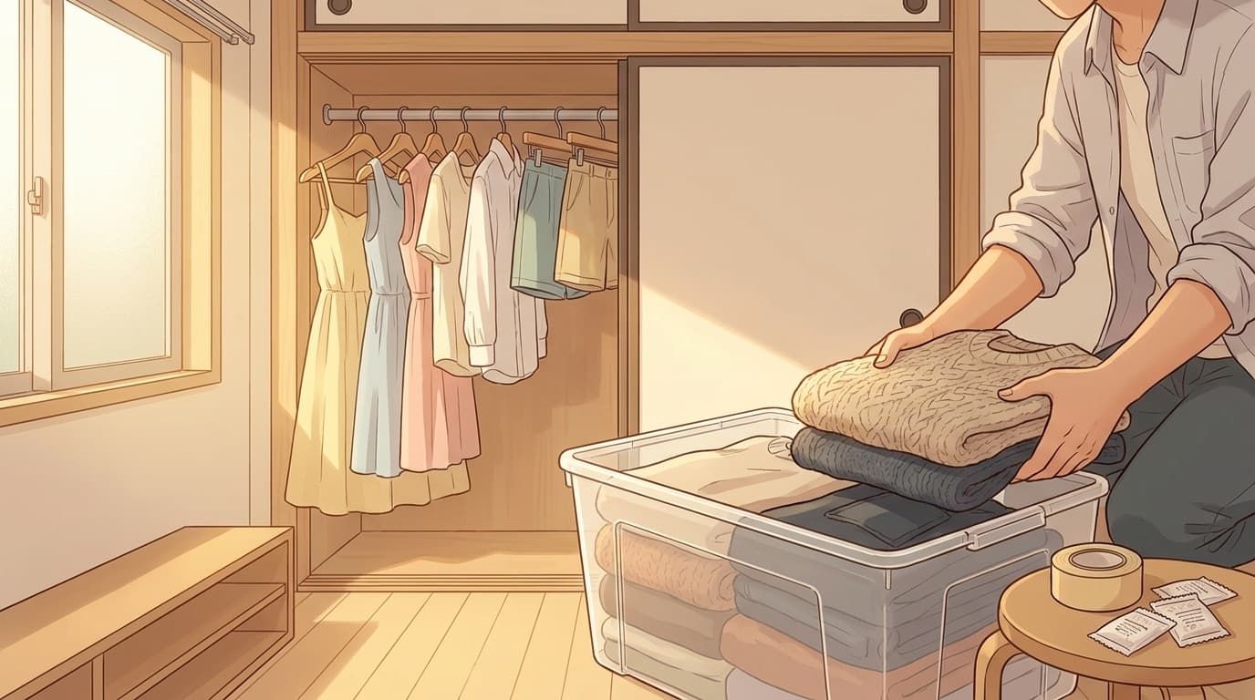 衣替えで収納ケースに冬物をしまい、夏物をクローゼットにかけている明るい部屋のイラスト