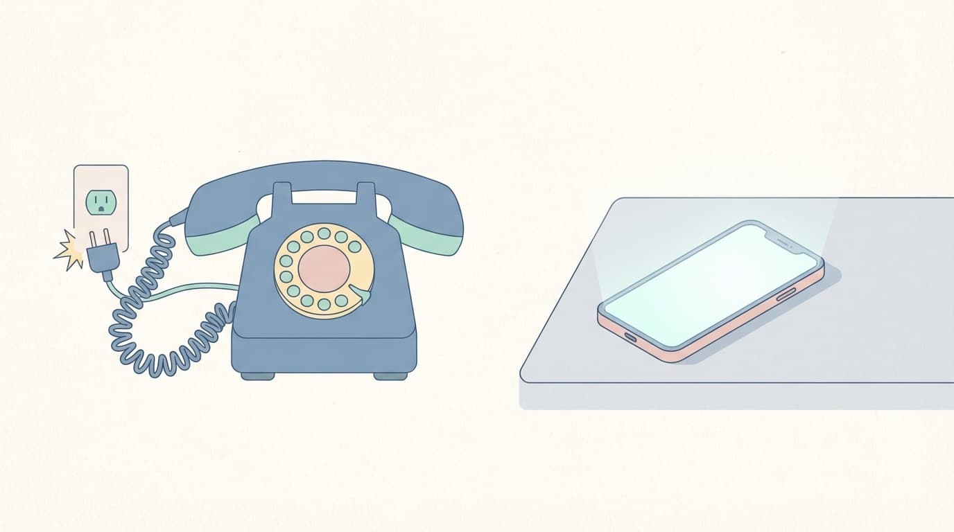 固定電話の受話器とスマートフォンが並んだイラスト。固定電話からスマホへの移行を表現