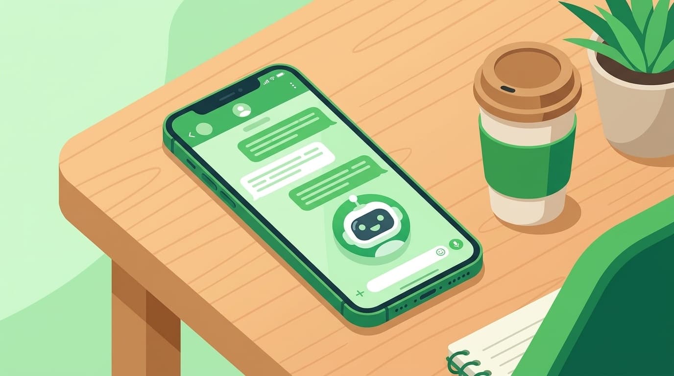 スマートフォンのチャットアプリ画面にAIアシスタントのアイコンが表示されているイラスト