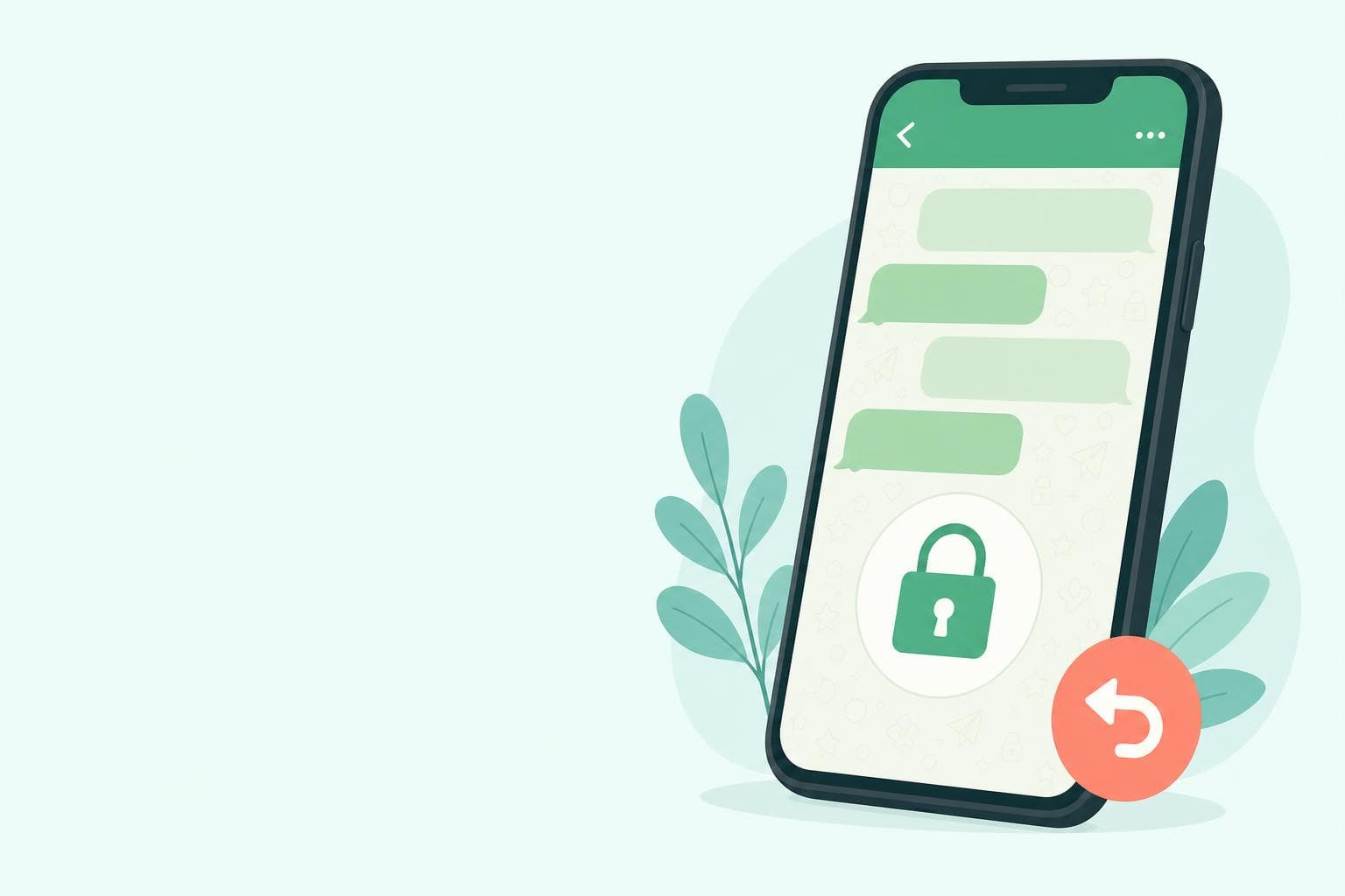 スマホのLINE風チャット画面に鍵マークと戻る矢印が描かれたイラスト