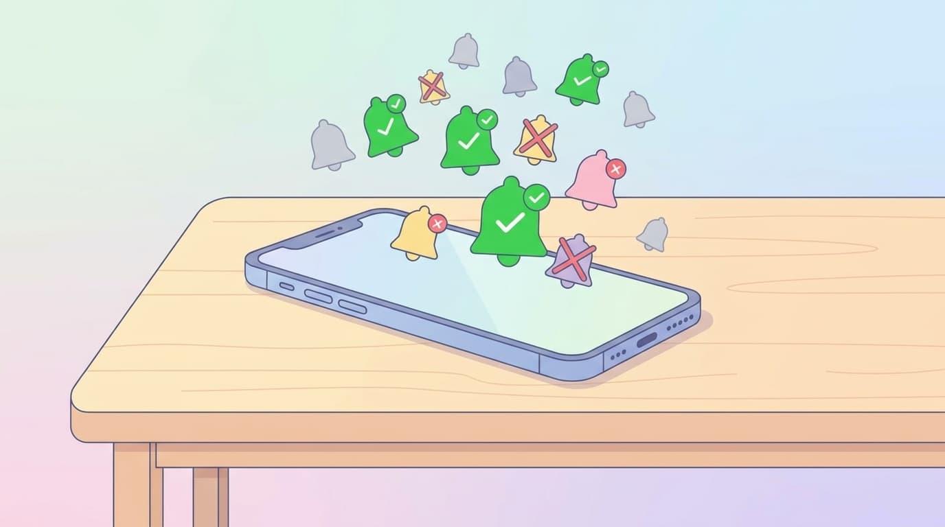 スマートフォンの画面の上に通知ベルのアイコンが浮かんでいるイラスト。一部のベルはグレーアウトしている