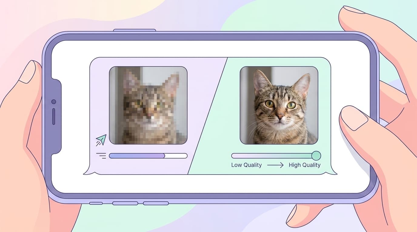 LINEで写真を送る際の画質比較イメージ。低画質と高画質の違いを表現したスマートフォン画面のイラスト