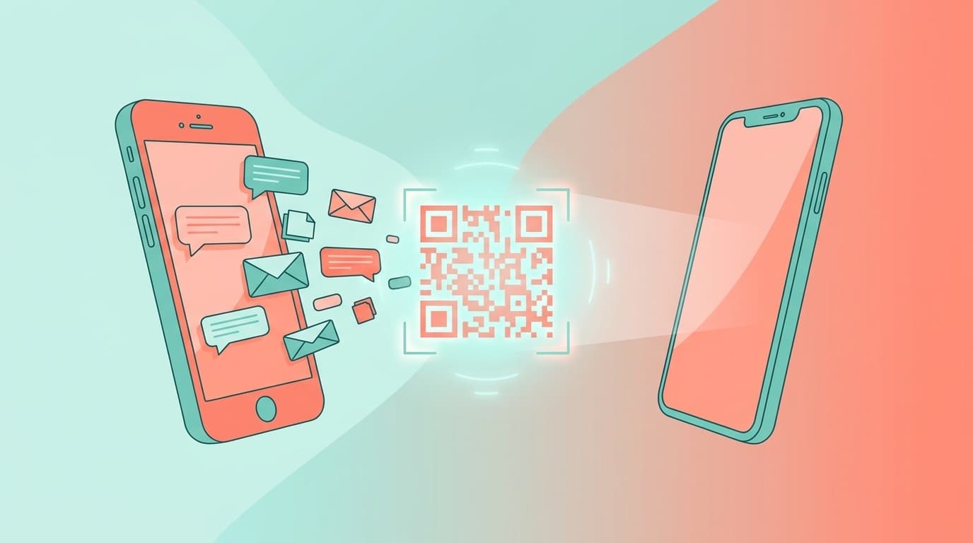2台のスマートフォンの間にQRコードが浮かび、チャットの吹き出しが移動するイラスト