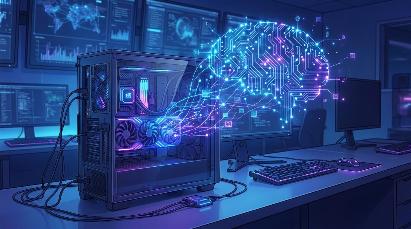 自作PCの内部で光るGPUカードとニューラルネットワークのデジタルアートイメージ