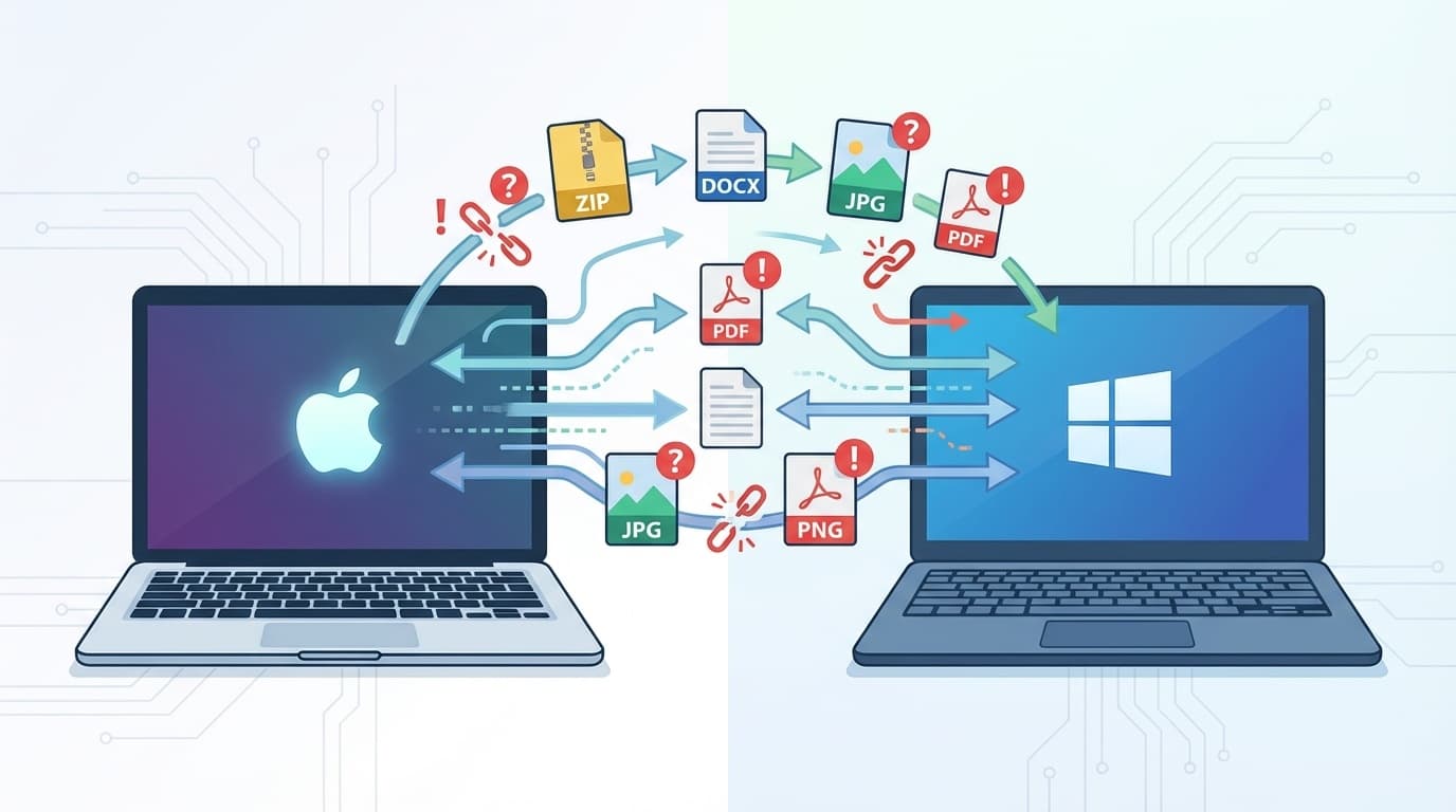 MacとWindowsのノートパソコン間でファイルをやり取りしている様子のイラスト