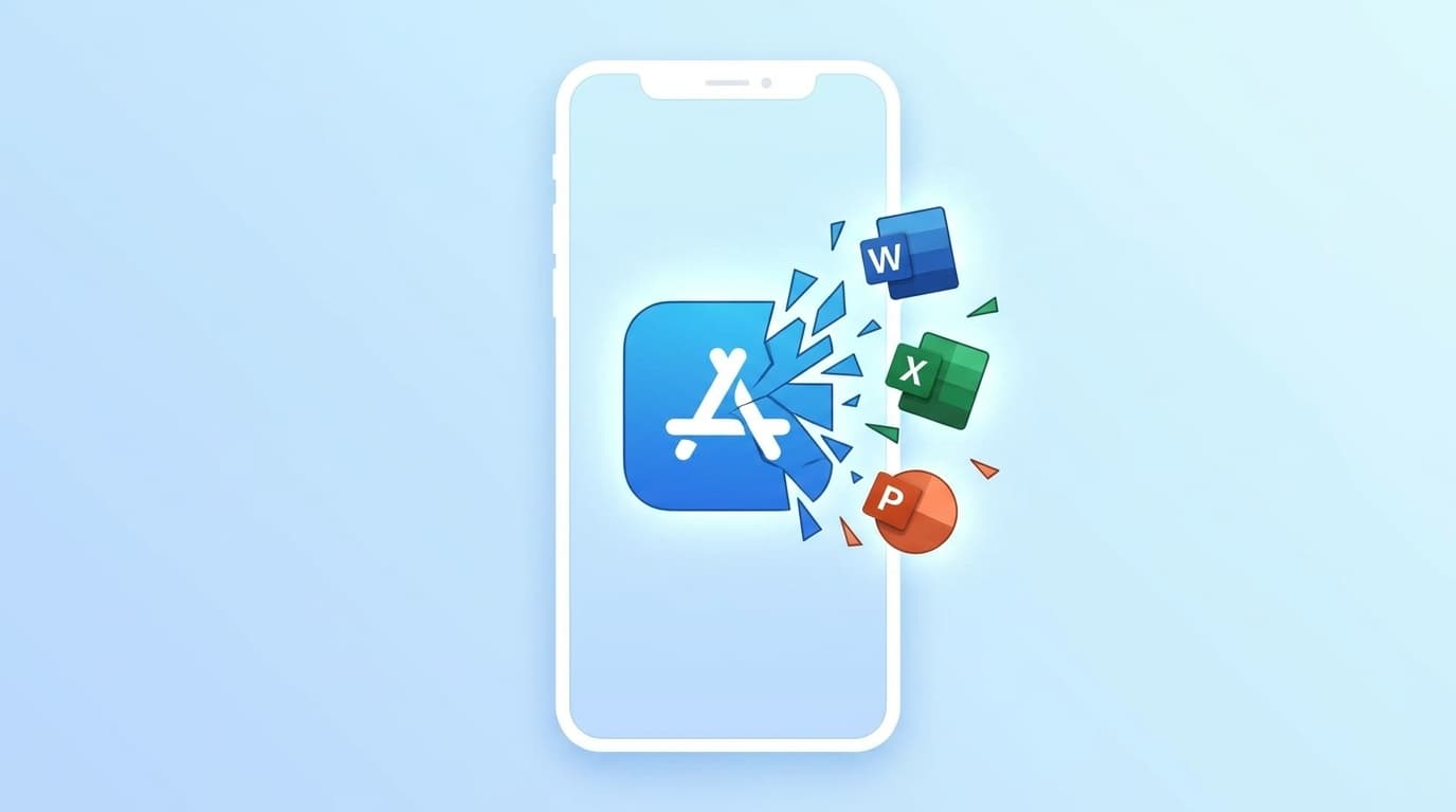 スマホのMicrosoft 365アプリがCopilotに変わりWord・Excel・PowerPointの個別アプリに分離するイメージ
