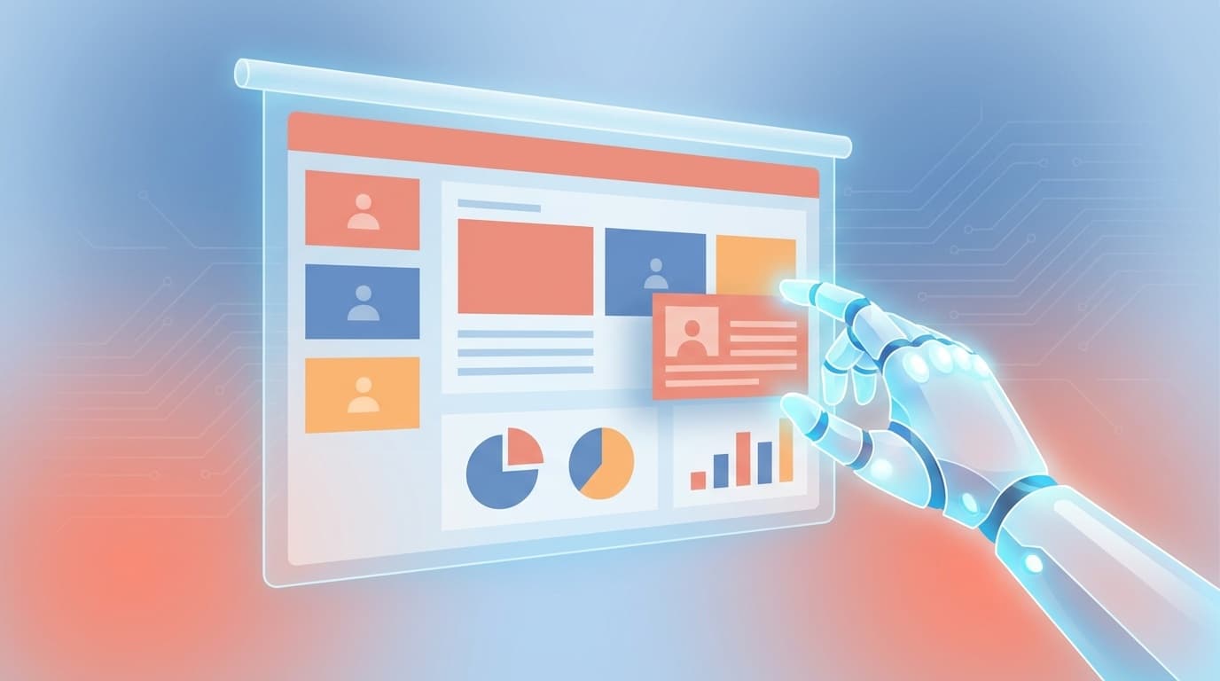 AIアシスタントがプレゼンテーションスライドの要素を配置しているイラスト