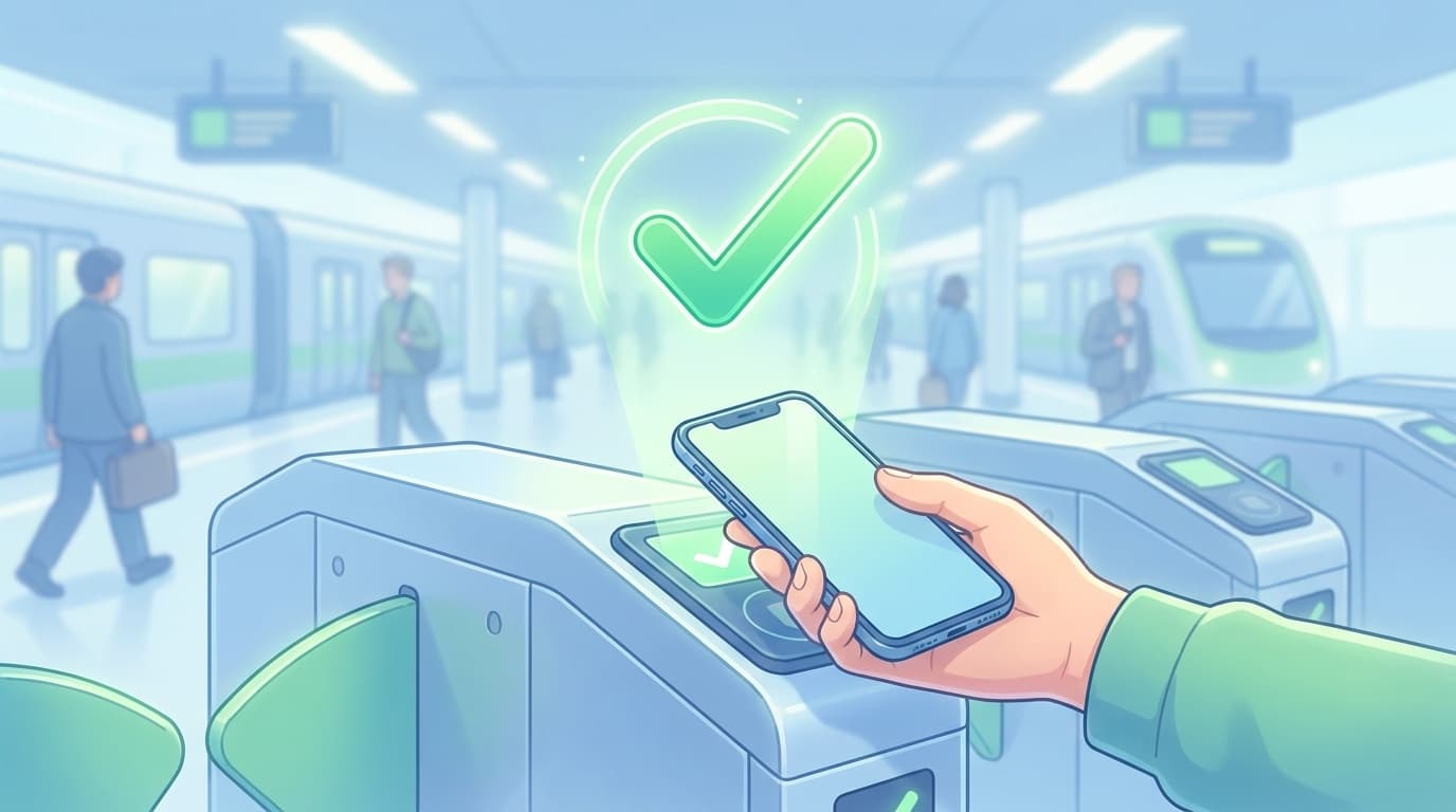 スマートフォンを駅の改札読み取り部にかざしているイラスト