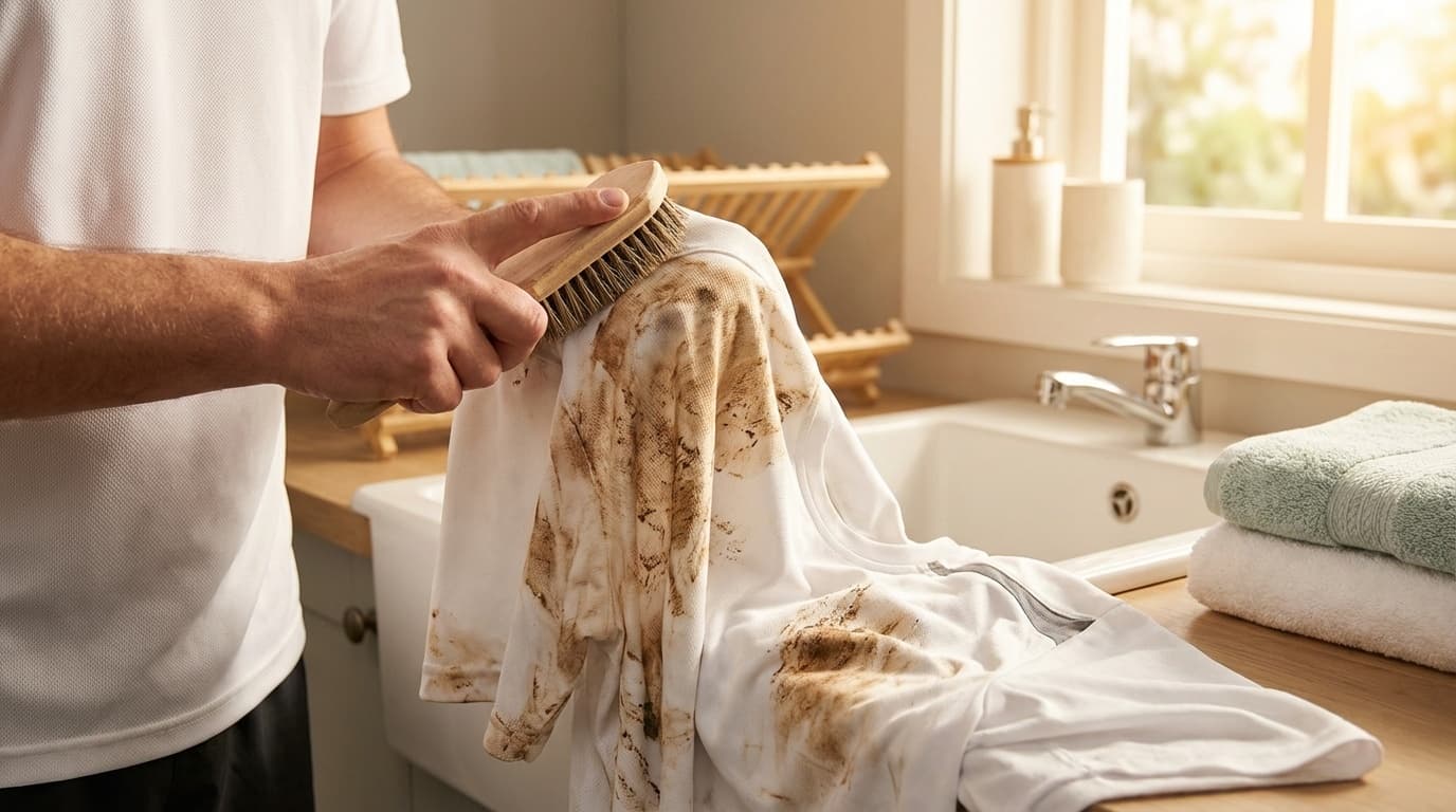 泥汚れがついた体操服をブラシで前処理している様子