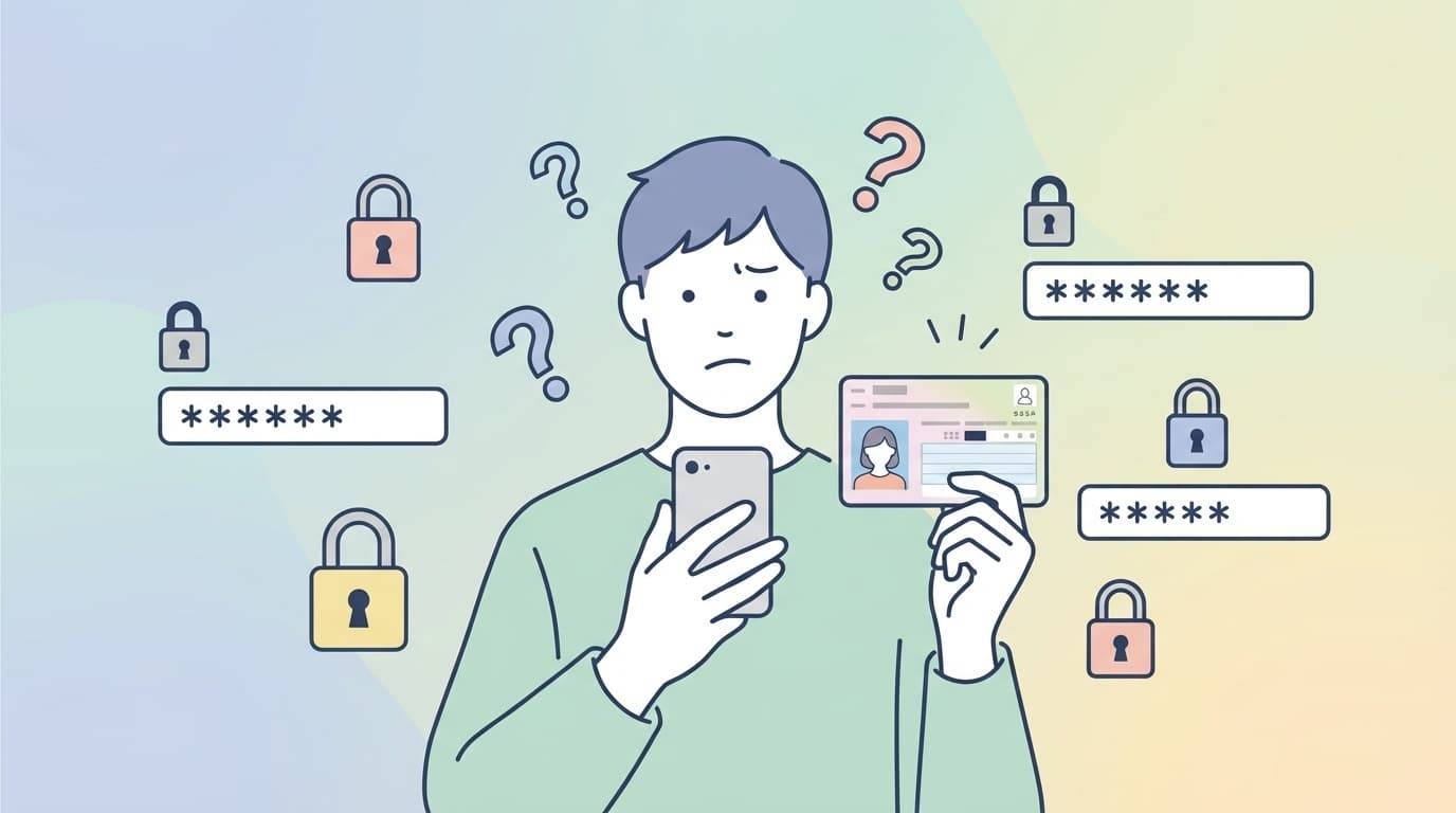 マイナンバーカードの暗証番号を忘れてロックされた人がスマホで再設定する様子のイラスト