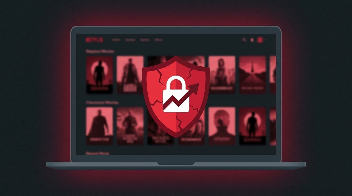 Netflixの不正ログイン・アカウント乗っ取りを警告するセキュリティアイコンとノートパソコンのイラスト