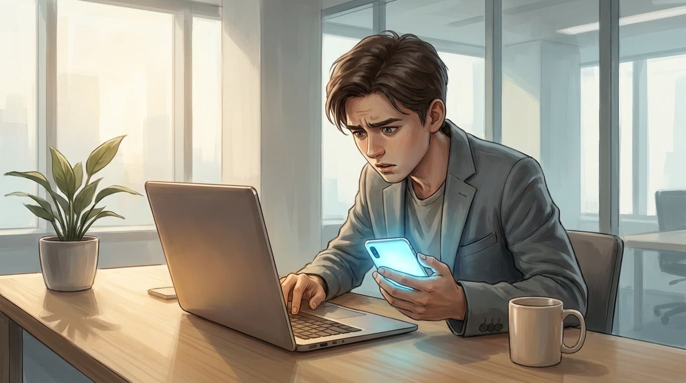 スマホを手にしながらノートパソコンのキーボードに戸惑う新入社員のイラスト