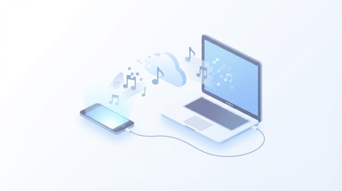 新しいMacとiPhoneをケーブルで繋いで音楽が消えるイメージイラスト